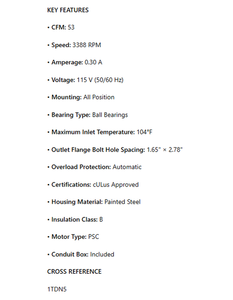 PTDN5, Centrifugal Blower, 53 CFM , 3388 RPM, 115V