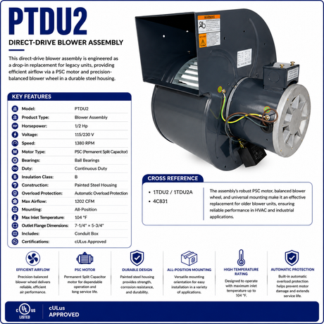PTDU2, 1/2Hp, 1380 RPM, 115/230 V, 1 Ph, PSC Blower Assembly