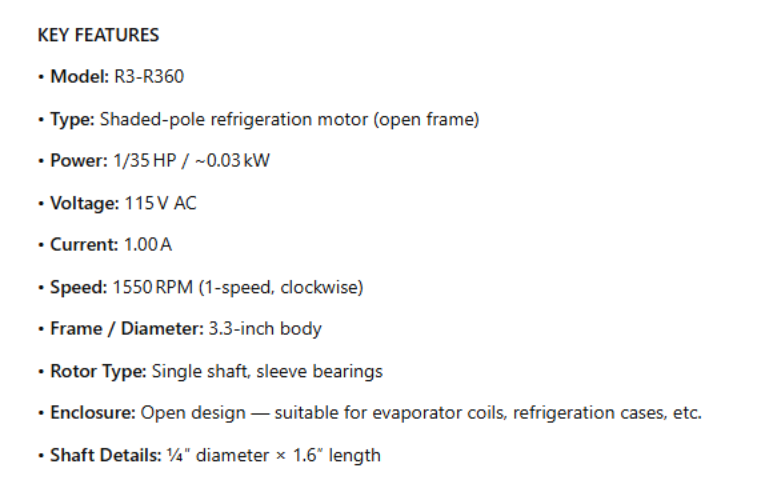 R3-R360, Refrigeration Motor, 1/35Hp, 1550 RPM, 115 V, 1.00A, 1 PH, 60 ...