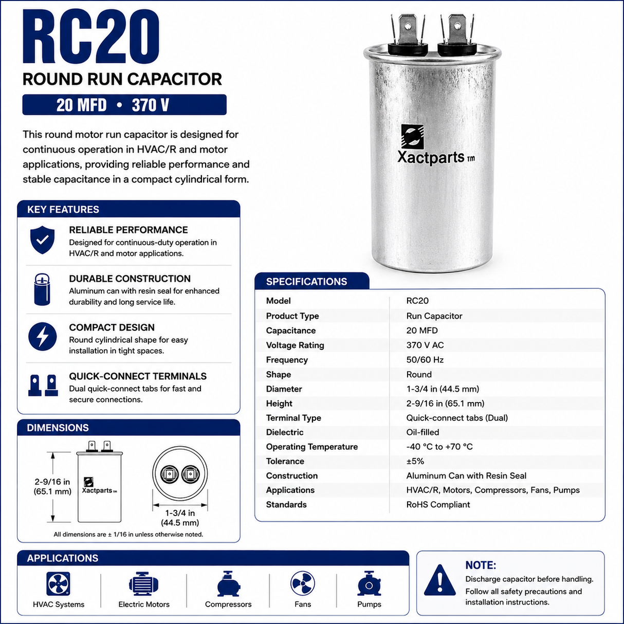 RC20, 20 MFD, 370 V, Round Run Capacitor
