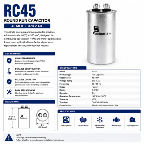 RC45, 45 MFD, 370 V, Round Run Capacitor