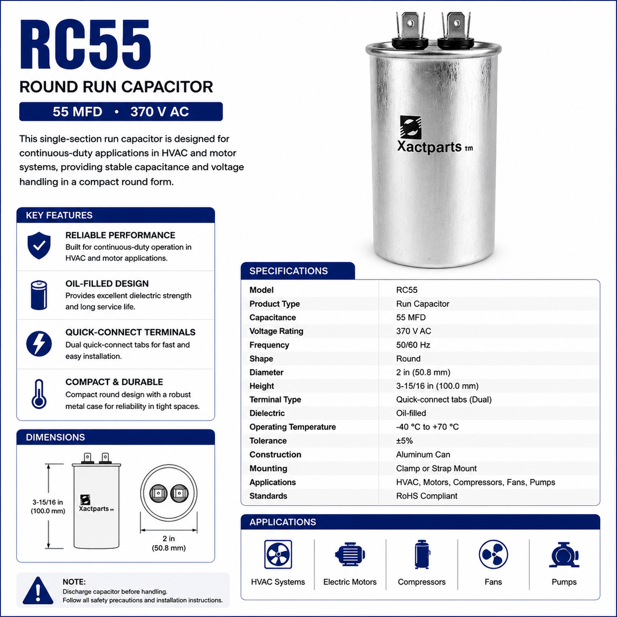 RC55, Run Capacitor, 55 MFD, 370 V, Round