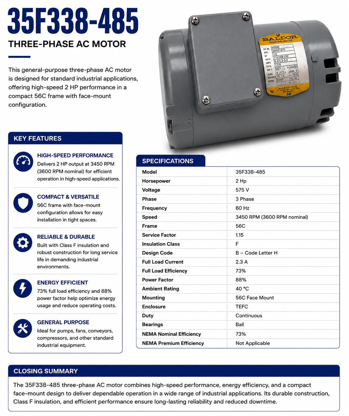 Refurbished-35F338‑485, 2 Hp, 3450 RPM, 575 V, 3 Ph, 60 Hz, Frame 56C, Face‑Mount