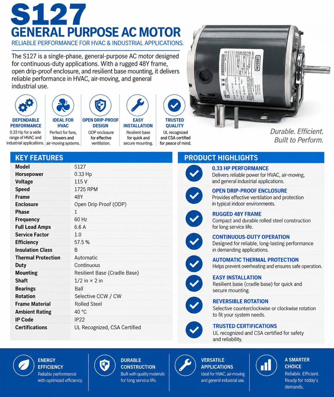 S127, 0.33Hp, 1725 RPM, 115 V, 1 Ph, 60 Hz, Open Drip Proof (ODP), Frame 48Y, 48S17D2105H