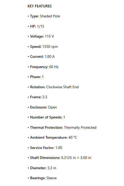 SS572, OEM Replacement, 1/15Hp, 1550 RPM, 115V, 1Ph, 60Hz, ODP, CWSE 7073-1141, P/N 08-00257, U73B1