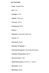 SS572, OEM Replacement, 1/15Hp, 1550 RPM, 115V, 1Ph, 60Hz, ODP, CWSE 7073-1141, P/N 08-00257, U73B1