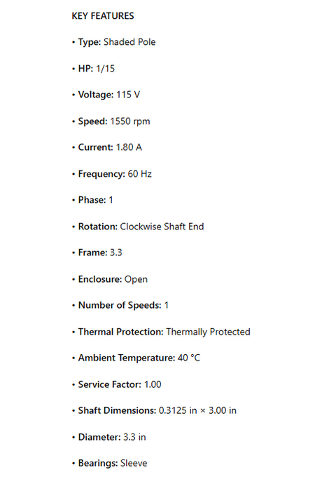 SS572, OEM Replacement, 1/15Hp, 1550 RPM, 115V, 1Ph, 60Hz, ODP, CWSE 7073-1141, P/N 08-00257, U73B1