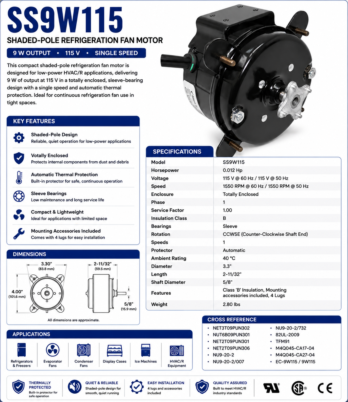 SS9W115, 0.012Hp, 1550RPM, 115V, 1Ph, 60/50Hz, Totally Enclosed, Frame 3.3", EC-9W115