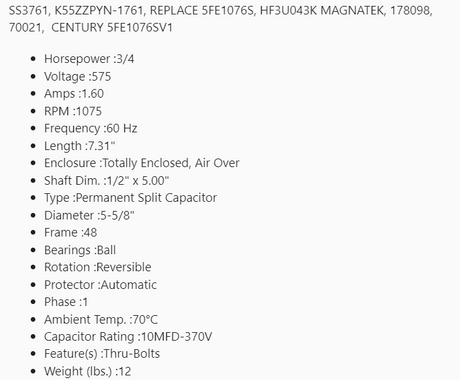 SS3761, K55ZZPYN-1761, 3/4 HP, 1100 RPM. 575V, 1PH, FR:48, TENV, US MOTOR, - CONDENSEUR FAN MOTOR - US MOTORS - electric motors - [product_tags]- motor electric - moteur électrique - moteurs - drive - replacement - venmar - hvac - méchoui - capacitor - condensateur - fan