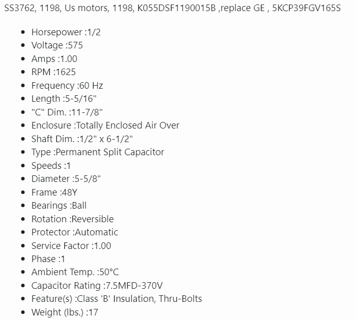 SS3762, 1198 Us motors, 1/2HP, 1625 Rpm, 575V, 5KCP39FGV165S, K055DSF1190015B, 1ph - CONDENSEUR FAN MOTOR - US MOTORS - electric motors - [product_tags]- motor electric - moteur électrique - moteurs - drive - replacement - venmar - hvac - méchoui - capacitor - condensateur - fan