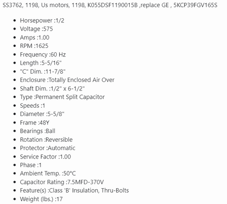 SS3762, 1198 Us motors, 1/2HP, 1625 Rpm, 575V, 5KCP39FGV165S, K055DSF1190015B, 1ph - CONDENSEUR FAN MOTOR - US MOTORS - electric motors - [product_tags]- motor electric - moteur électrique - moteurs - drive - replacement - venmar - hvac - méchoui - capacitor - condensateur - fan