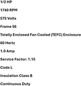 3TL56, LT020440, Eberle, 1/2Hp, 1740 Rpm, 575 Volts, Frame: 56, Tefc,