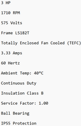 361712, Leroy Somer, 3 Hp, 1710 Rpm, 575 Volts, Frame: ls-182T, Tefc,