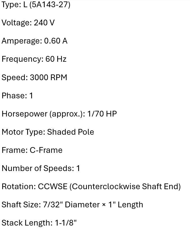 J329, 5A143-27, Magnetek, 1/70 Hp, 3000 Rpm, 240 Volts, Frame: C-frame,
