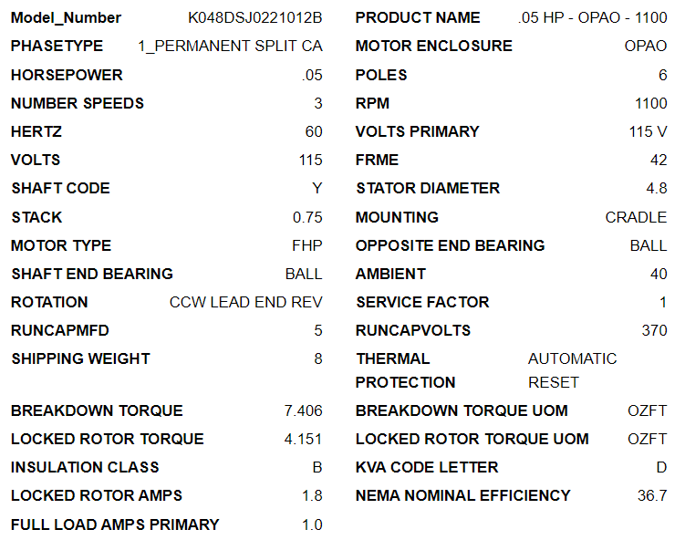 1175, Us Motors, K048DSJ0221012B, .5Hp, 1100 Rpm, 115 Volt, Frame:42Y,