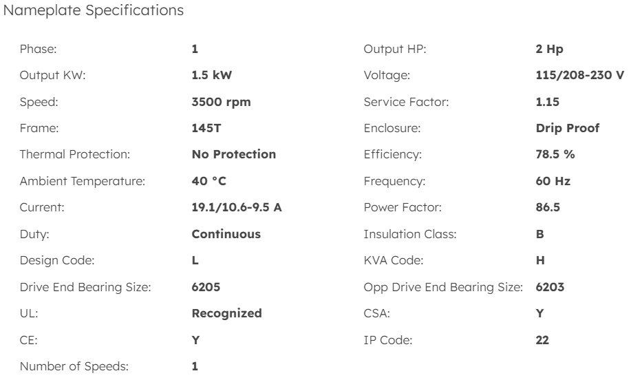 I102, Marathon, 2Hp, 3500 Rpm, 115/208-230 Volts, Fr:145T, Drip Proof, 
