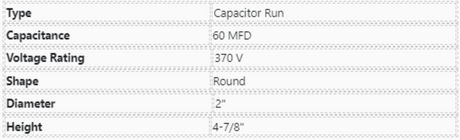 TRC60, Titan, Capacitor Run, 60 UF, 370 VAC, Round, 