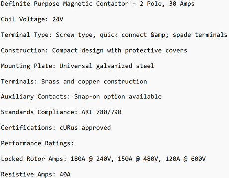 DP-2P30A24, Rotom, Magnetic Contactor, 2 Poles, 30 Amps, 24V Box lung,