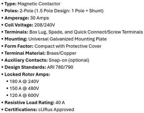 DP-2P30A240, Rotom, Magnetic Contactor, 2 Poles,30 Amps,240V Box lung,