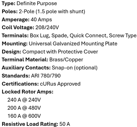 DP-2P40A240, Rotom, Magnetic Contactor, 2 Poles,40 Amps,240V Box lung,