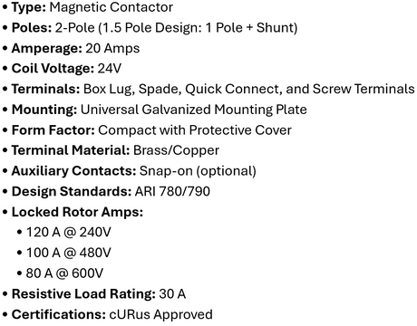 DP-2P20A24, Rotom, Magnetic Contactor, 2 Poles, 20 Amps, 24V Box lung,