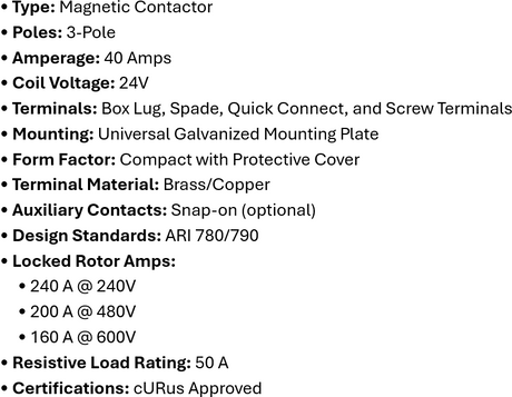 DP-3P40A24, Rotom, Magnetic Contactor, 3 Poles, 40 Amps, 24V Box lung,