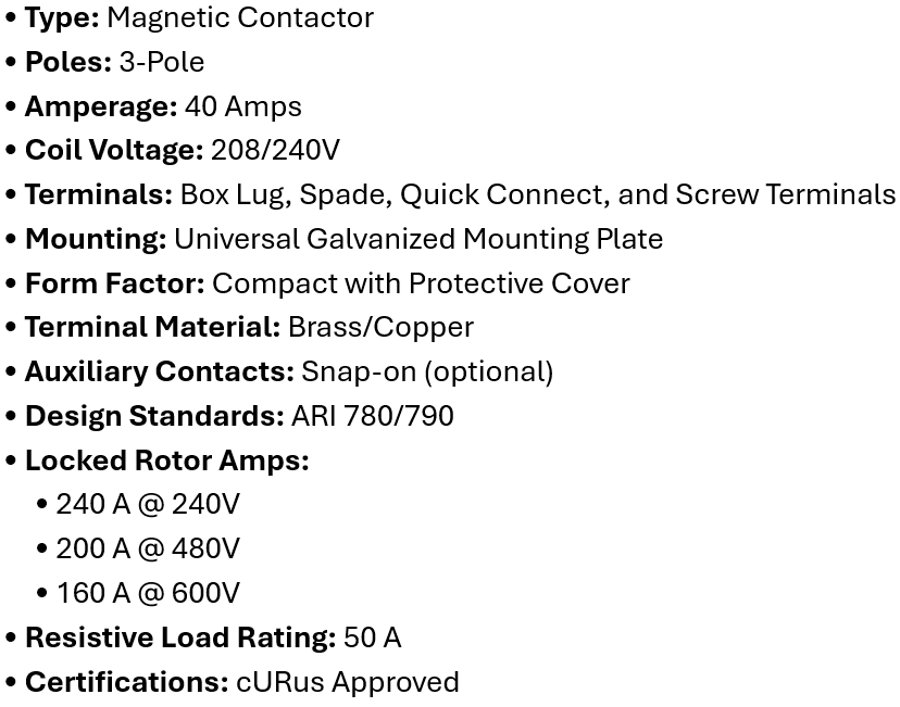 DP-3P40A240, Rotom, Magnetic Contactor, 3 Poles,40 Amps,240V Box lung,