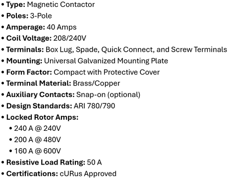 DP-3P40A240, Rotom, Magnetic Contactor, 3 Poles,40 Amps,240V Box lung,