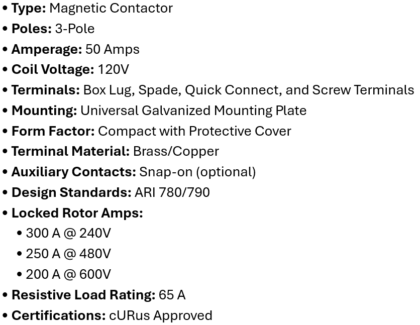DP-3P50A120, Rotom, Magnetic Contactor, 3 Poles,50 Amps,120V Box lung,