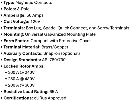 DP-3P50A120, Rotom, Magnetic Contactor, 3 Poles,50 Amps,120V Box lung,