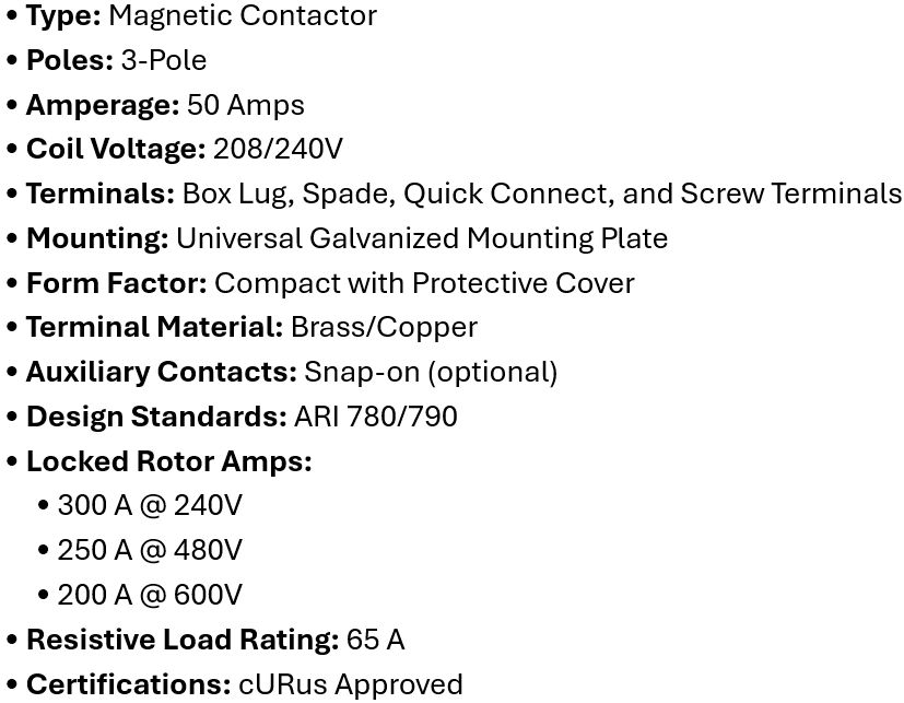 DP-3P50A240, Rotom, Magnetic Contactor, 3 Poles,50 Amps,240V Box lung,