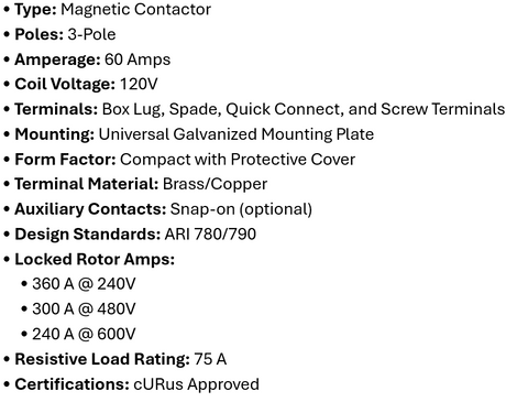 DP-3P60A120, Rotom, Magnetic Contactor, 3 Poles,60 Amps,120V Box lung,