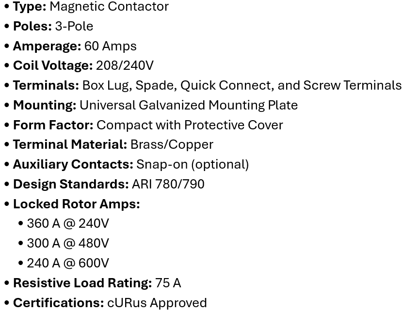 DP-3P60A240, Rotom, Magnetic Contactor, 3 Poles,60 Amps,240V Box lung,