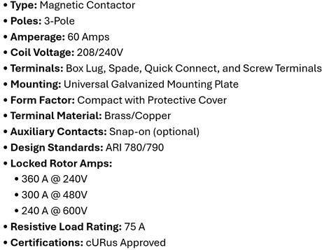 DP-3P60A240, Rotom, Magnetic Contactor, 3 Poles,60 Amps,240V Box lung,