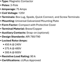 DP-3P75A120, Rotom, Magnetic Contactor, 3 Poles,75 Amps,120V Box lung,