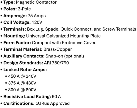 DP-3P75A120, Rotom, Magnetic Contactor, 3 Poles,75 Amps,120V Box lung,