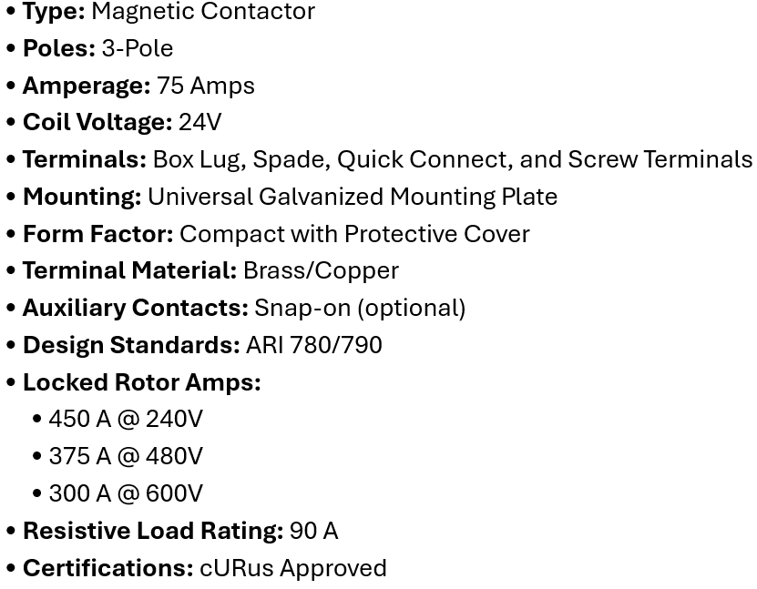DP-3P75A24, Rotom, Magnetic Contactor, 3 Poles, 75 Amps, 24V Box lung,