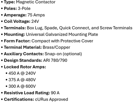 DP-3P75A24, Rotom, Magnetic Contactor, 3 Poles, 75 Amps, 24V Box lung,