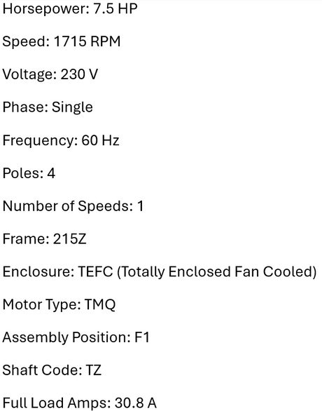 FDU7CM2K21Z, Us motors, 7.5 Hp, 1715 Rpm, 230 Volts, Frame: 215Z, Tefc,