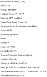 FD32CA1P14, 1.5 Hp, 3600 Rpm, 115-230V, Frame:143, Teao, Aeration fan,