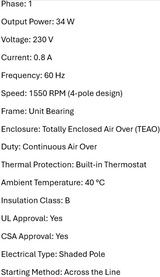 EC34W230V1542, 1/20Hp, 34 Watt, 230 Volts, 1550 Rpm, Teao, Unit bearing,