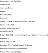 468426, Leroy Somer, 1/3Hp, 1720 Rpm, 575 Volts, Frame: 48, Tefc,