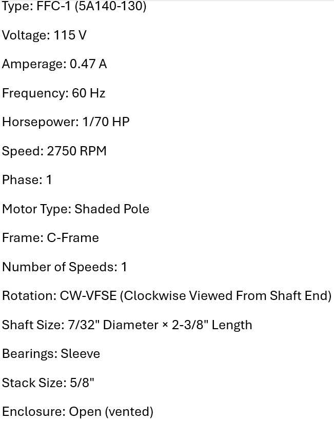 J323, FFC-1, Magnetek, 1/70 Hp, 2750 Rpm, 115 Volts, Frame: C-frame,
