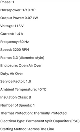 D405, 71620938, Fasco, 1/10Hp, 3200 Rpm, 115 Volts, Enclosure: Oao,