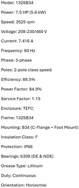 MQS-132S12FC-S3-B34, 7.5Hp, 3525RPM, 208-230/460V, 3Ph, 60Hz, TEFC, Frame 132S, IMB34, IP69K