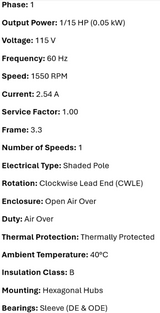 D002, Ventilation Motor, 1/15Hp, 60 Hz, 115 V, 1550 RPM, 1 Speed, OAO,