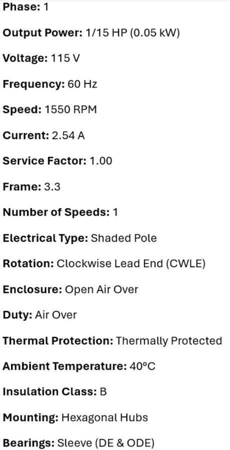 D002, Ventilation Motor, 1/15Hp, 60 Hz, 115 V, 1550 RPM, 1 Speed, OAO,