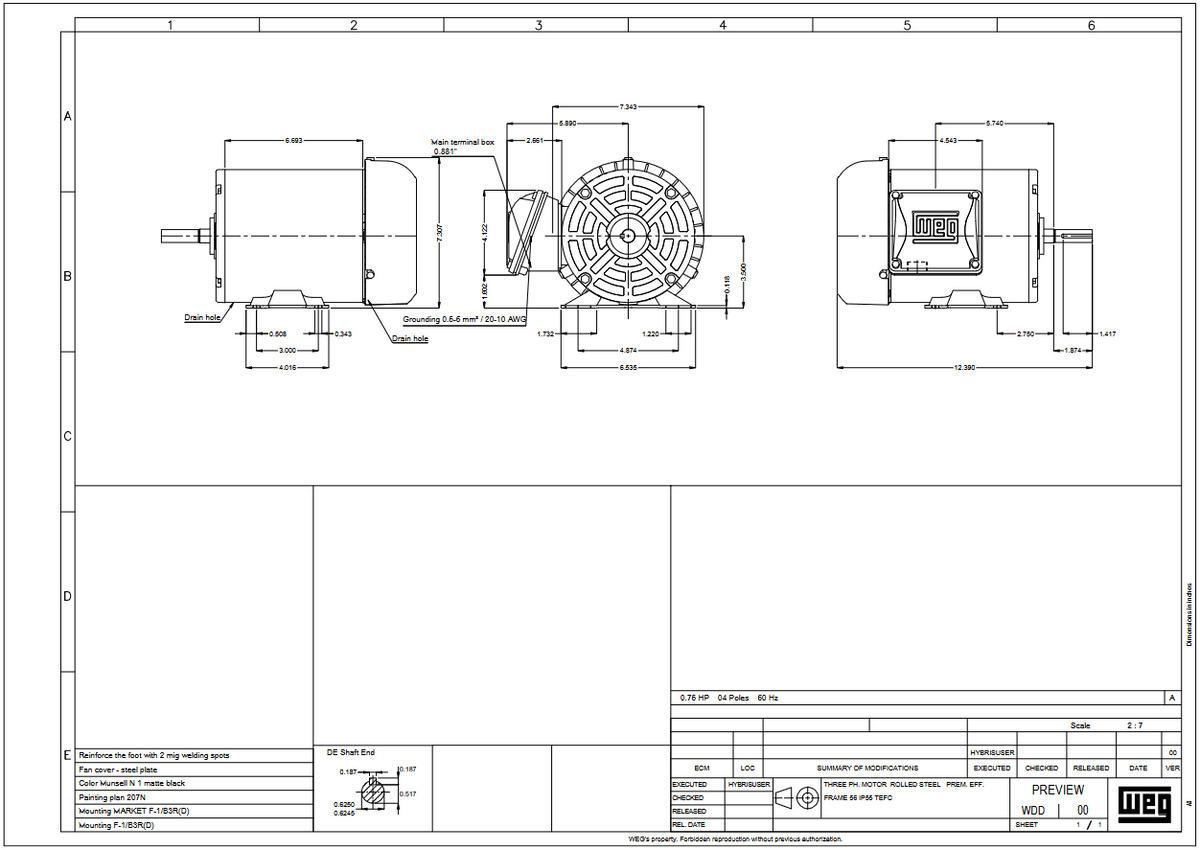 TF.75504W01DOE, 0.75Hp, 1800 RPM, 575 V, 3 Ph, 60 Hz, TEFC, Frame 56