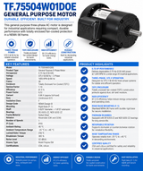 TF.75504W01DOE, 0.75Hp, 1800 RPM, 575 V, 3 Ph, 60 Hz, TEFC, Frame 56