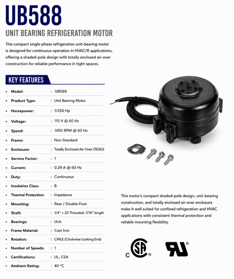 UB588, 4 W, 1450 RPM, 115 V, 1 Ph, 60 Hz, TEAO, Non‑Standard Frame